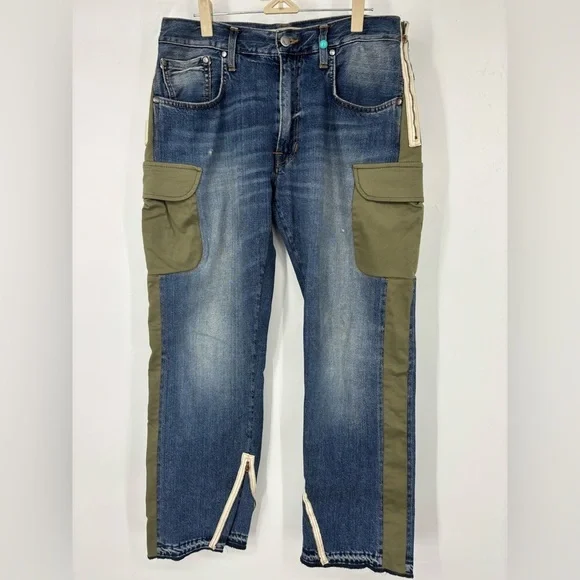 NWOT +People Denim Patchwork Zipper Boyfriend Jean Blue Green 28 - Picture 1 of 5